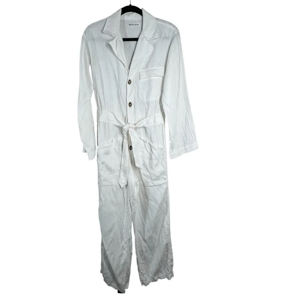 Reformation Cade Linen Jumpsuit White Button Front Lagenlook Minimalist Size XS